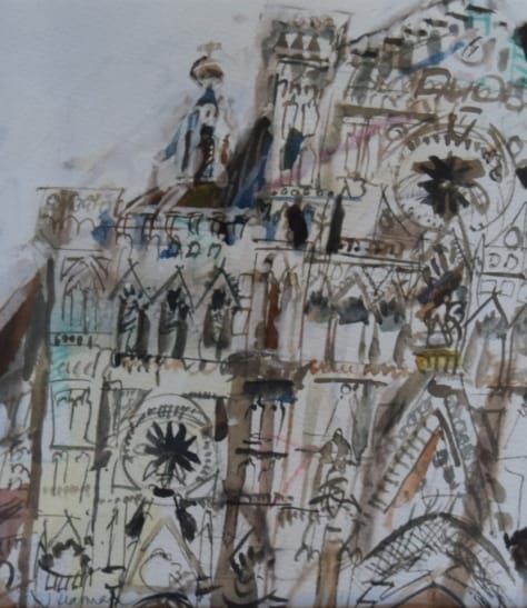 "The Cathedral", facade, drawing in ink and watercolor