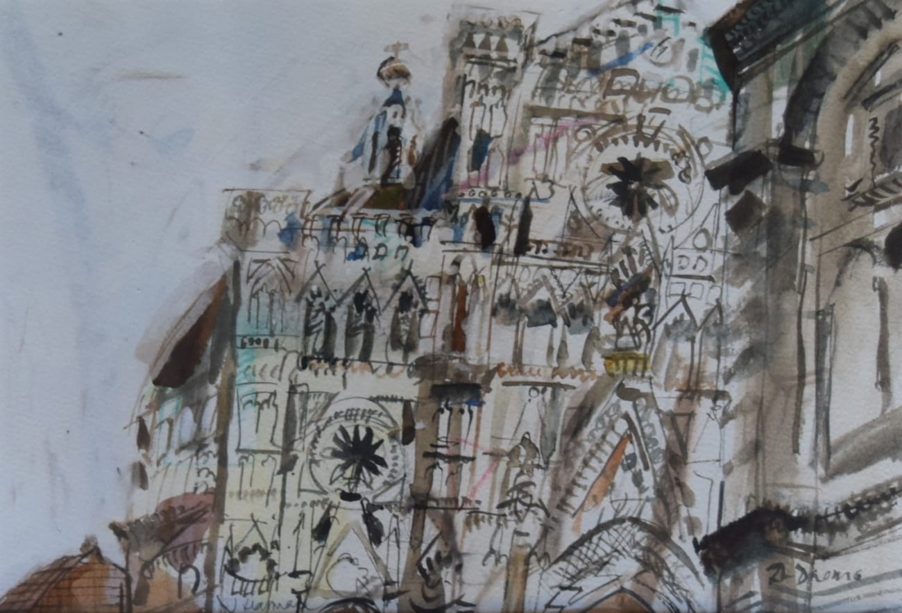 "The Cathedral", facade, drawing in ink and watercolor Jane Harman storage and furniture restoration in Florence